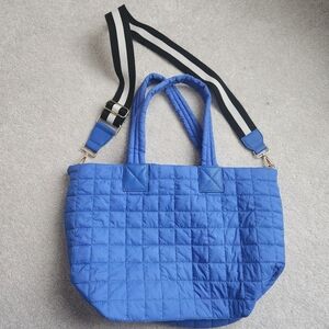 Blue Quilted Tote Bag With Removable Large Strap